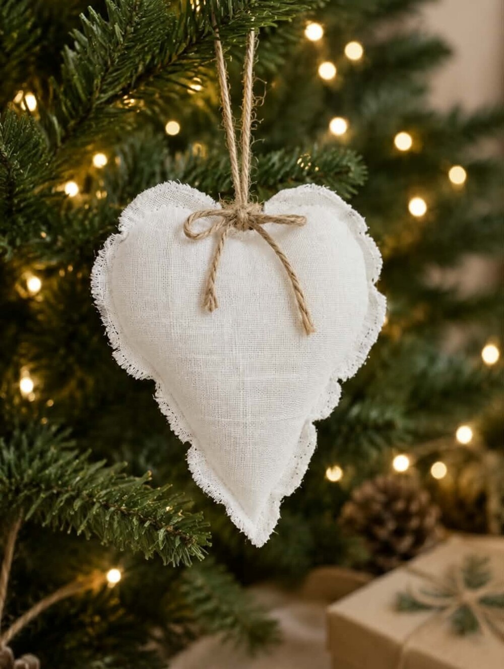 Handmade White Fabric Heart Holiday Ornament - Unbranded